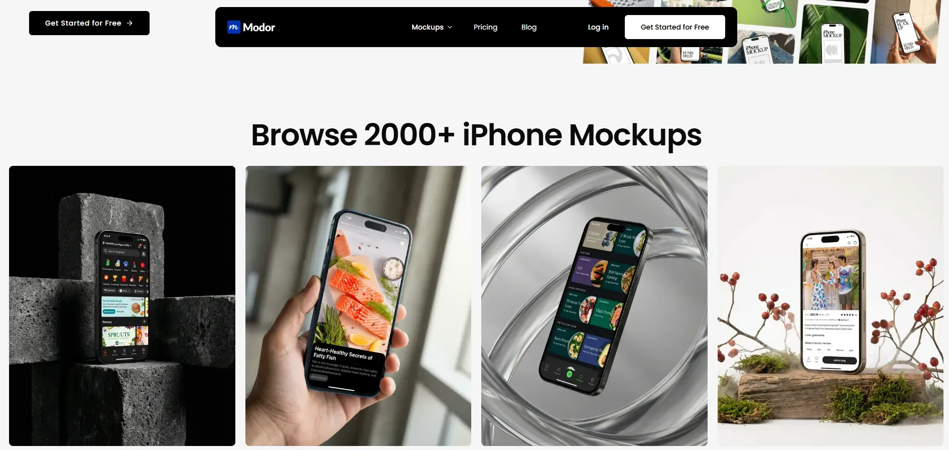 Modor homepage showing categories of mockup templates